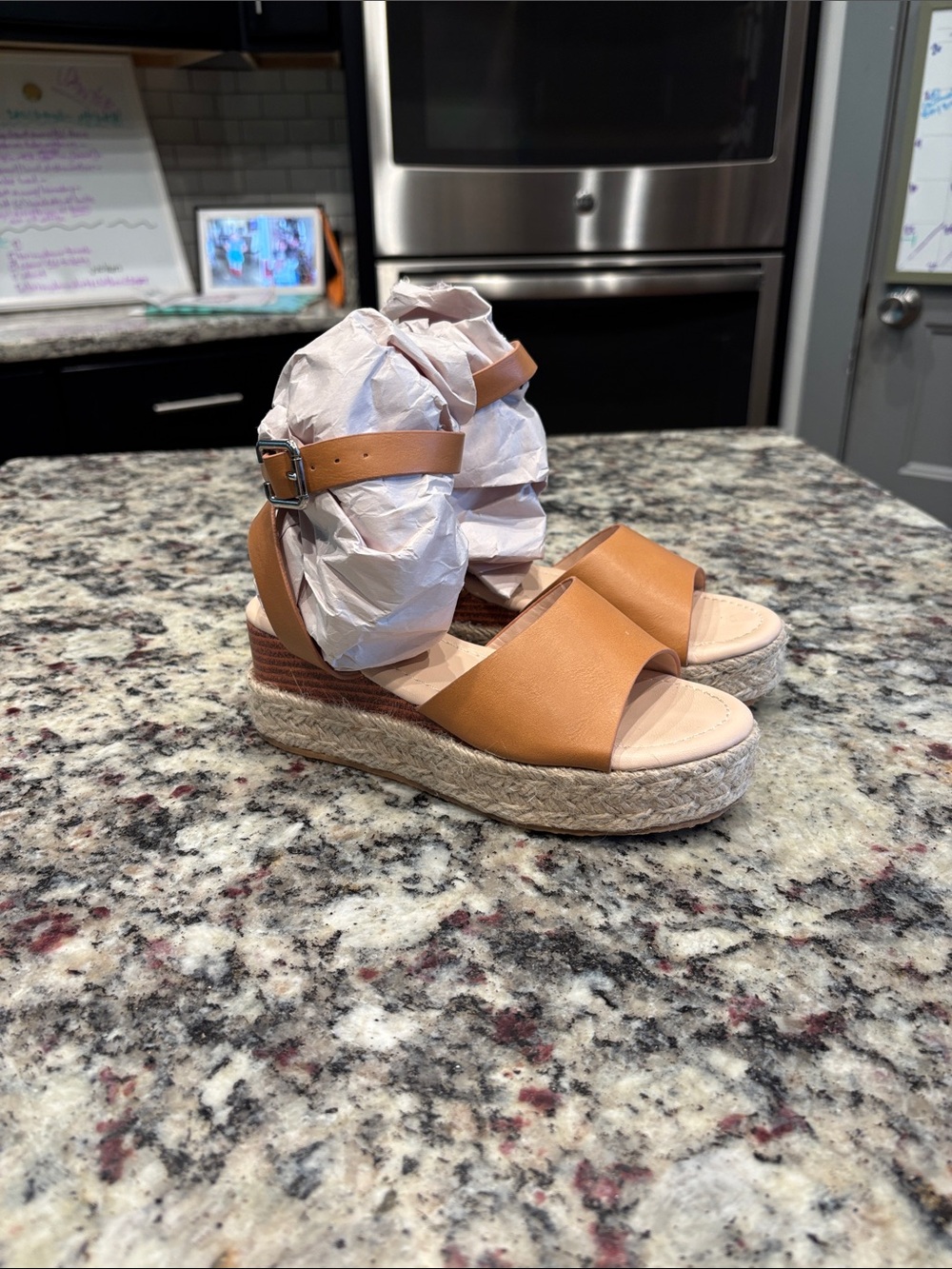 Kids Tan Espadrille-Style Platform Sandals with Ankle Strap